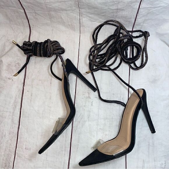 Azalea Wang - Brandy Long Black Diamond Lace Up Stiletto Heel Sandals-Size 8 - Picture 4 of 16